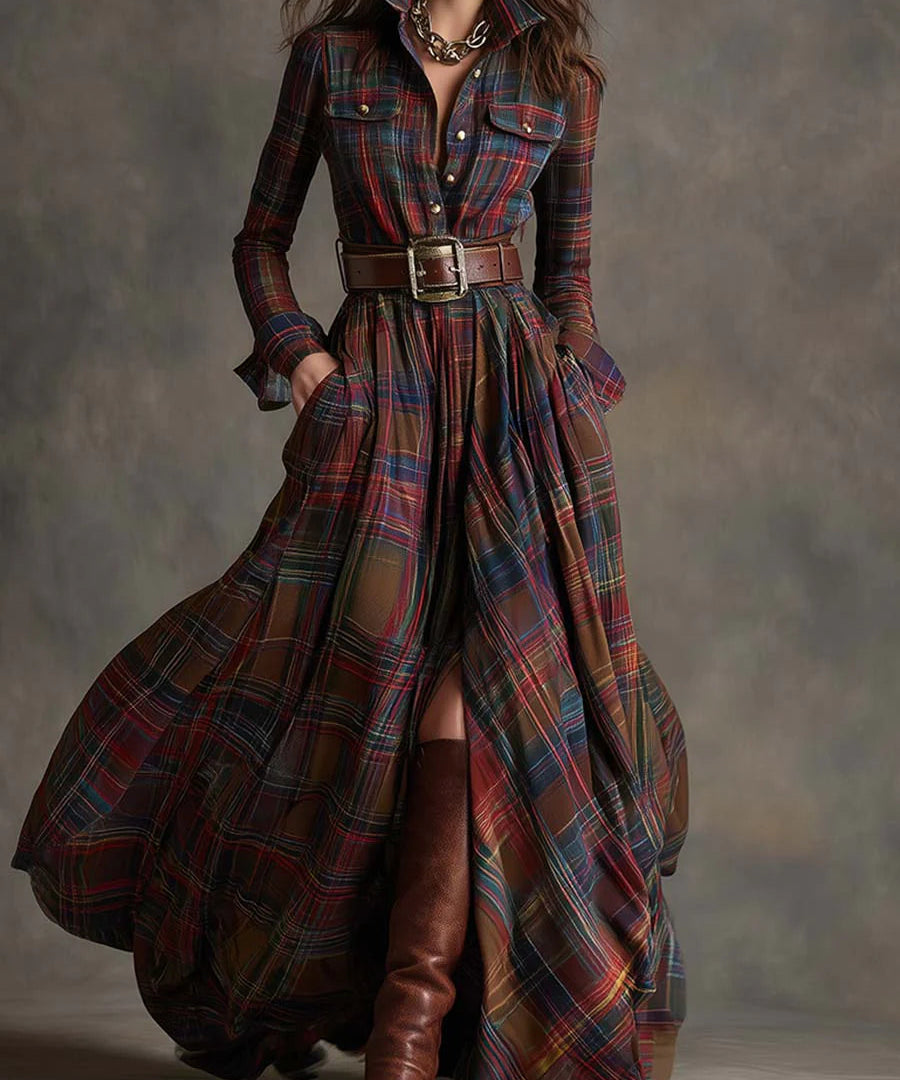 Emanuela™ | Tyylikäs ruutumekko vyöllä