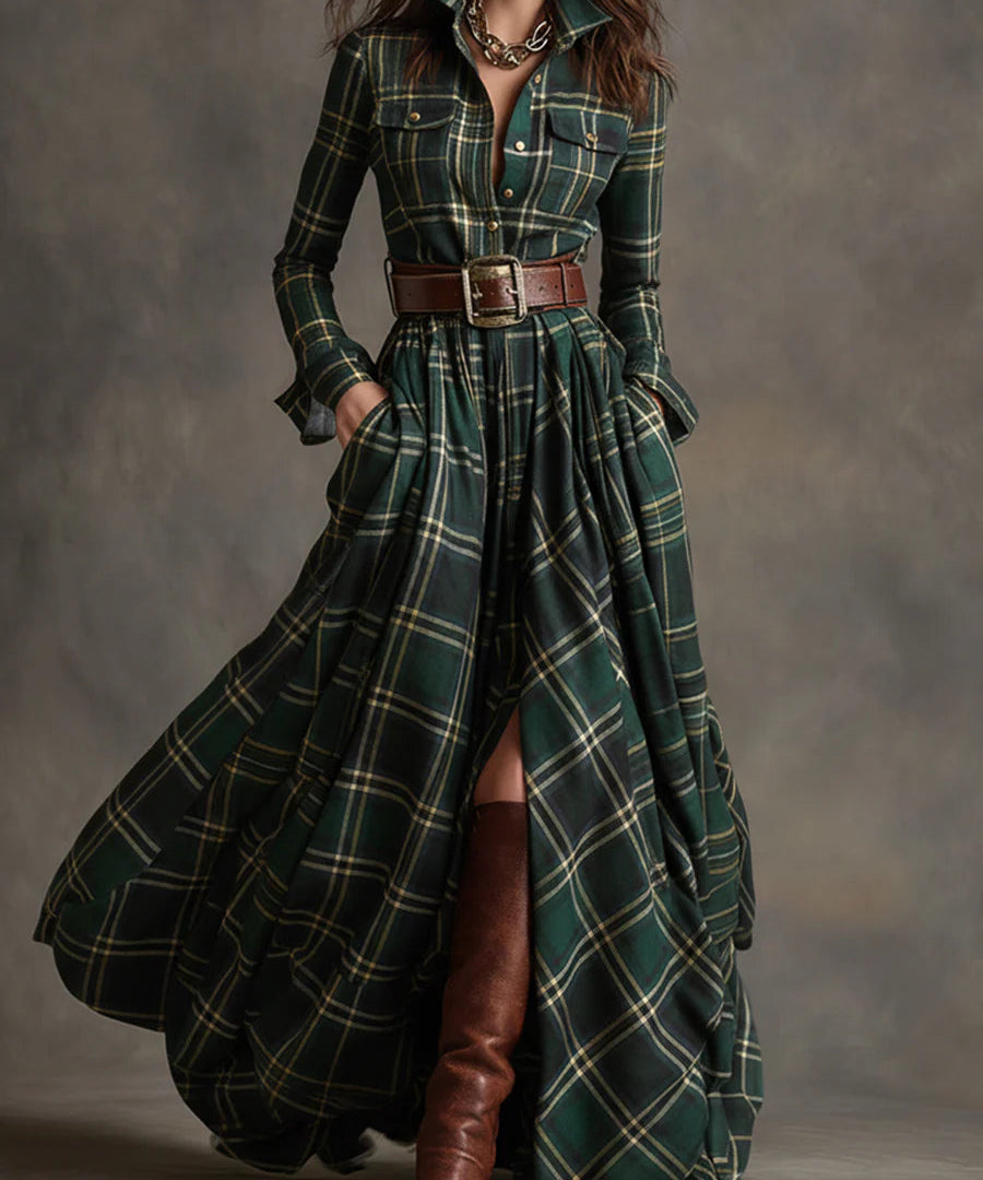 Emanuela™ | Tyylikäs ruutumekko vyöllä