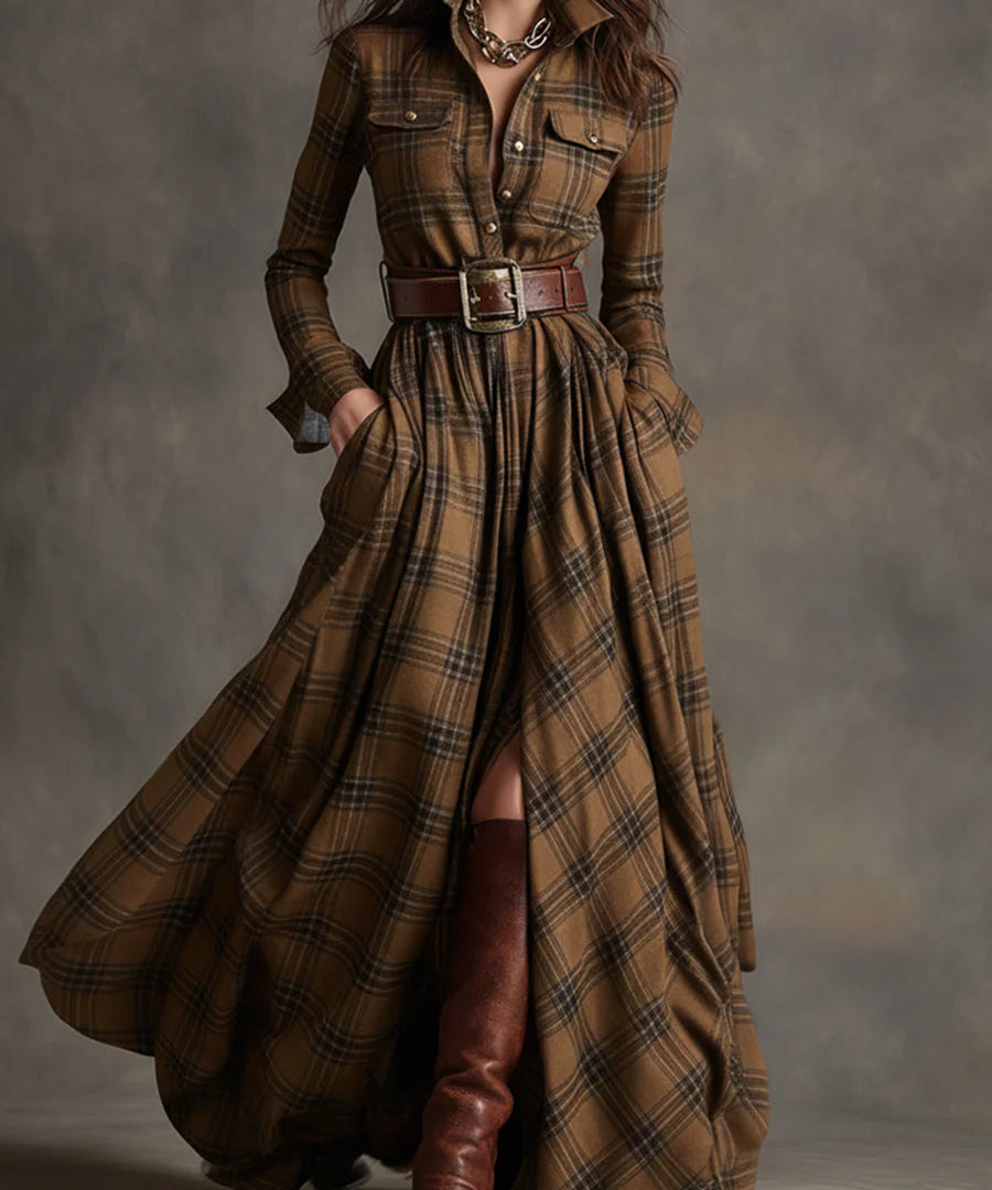 Emanuela™ | Tyylikäs ruutumekko vyöllä