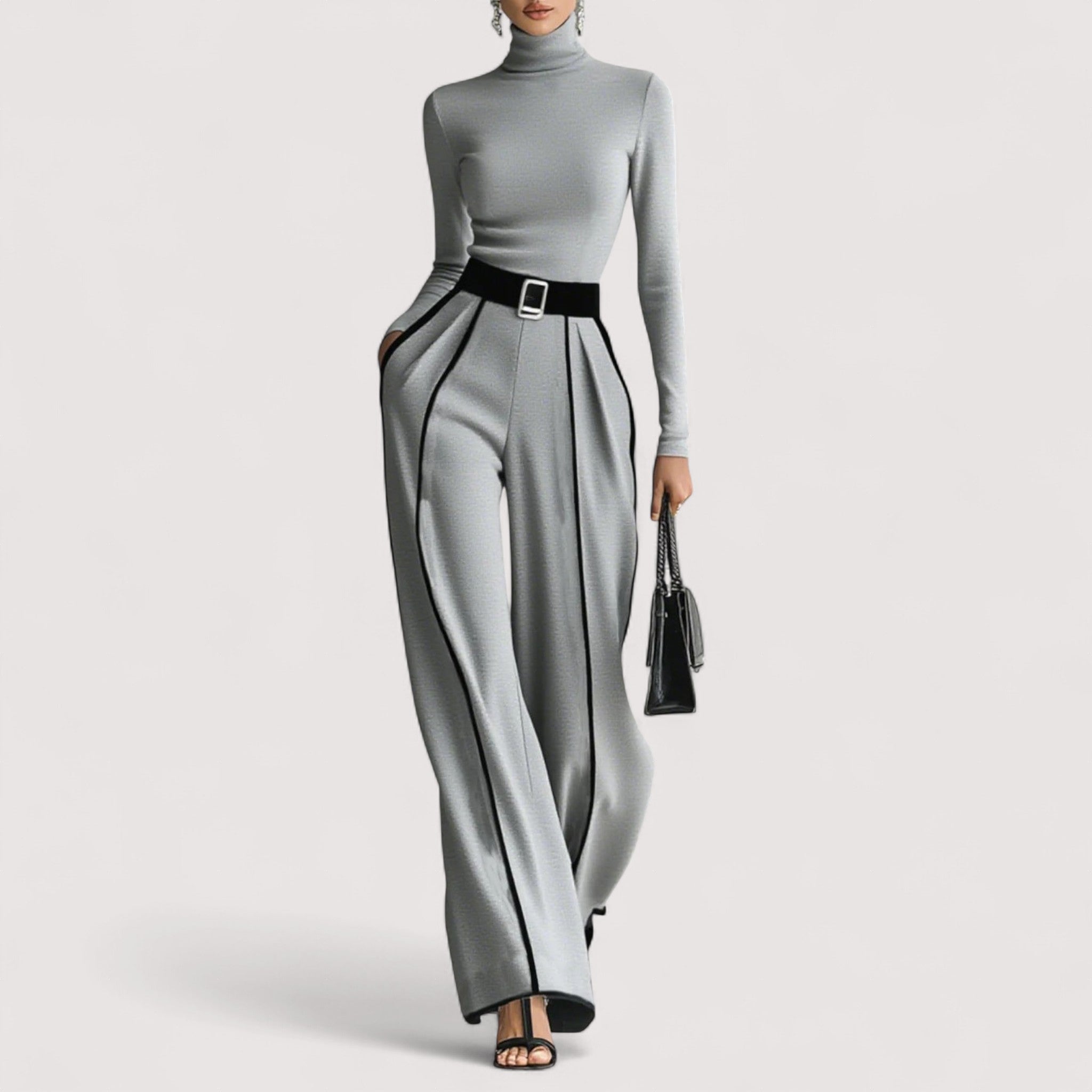 Nolia™ | Valkoinen Trim High-Neck Pitkähiha-Toppi leveälahkeisten housujen ja vyösetin kanssa