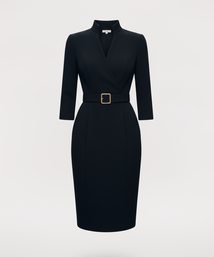 Nora | Viimeistelty Musta Mekko Vyöllä ja Mandarin-kauluksella