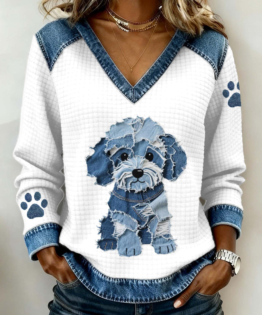 Carmen™ | V-aukkoinen paita koirakuviolla